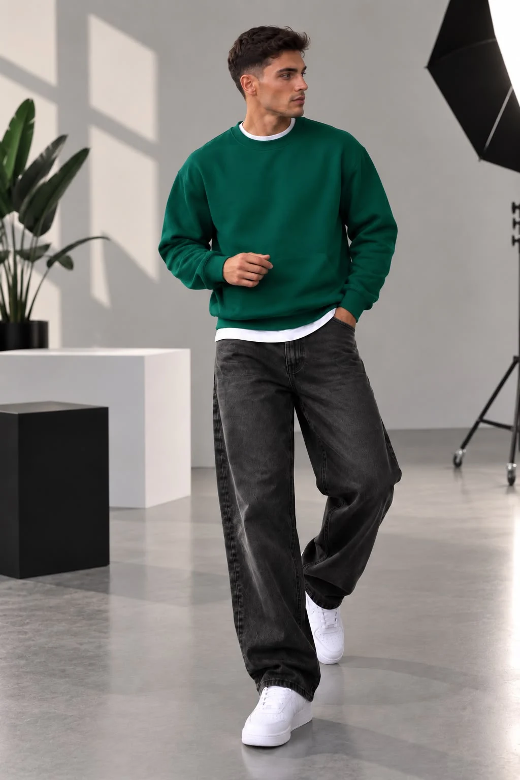 Yeşil 3 İplik  Bisiklet Yaka Basic Erkek Sweatshirt