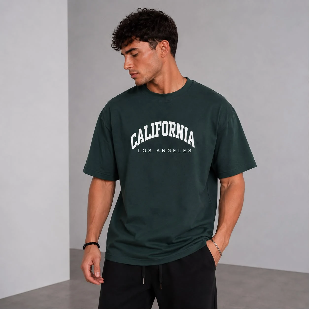 Yeşil Oversize California Los Angeles Baskılı Erkek T-Shirt