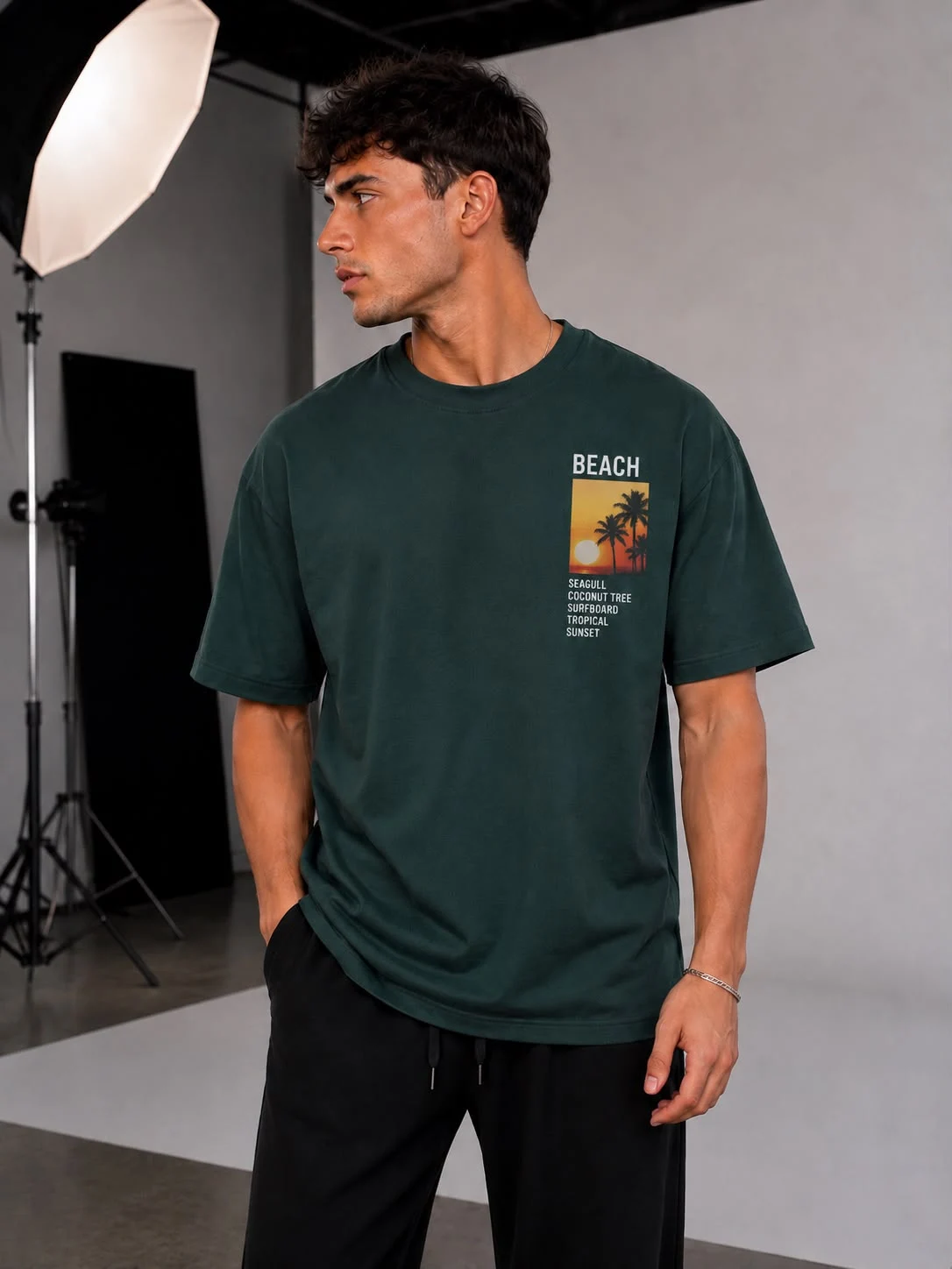 Yeşil Beach Tropical Sunset Baskılı Oversize Erkek T-Shirt