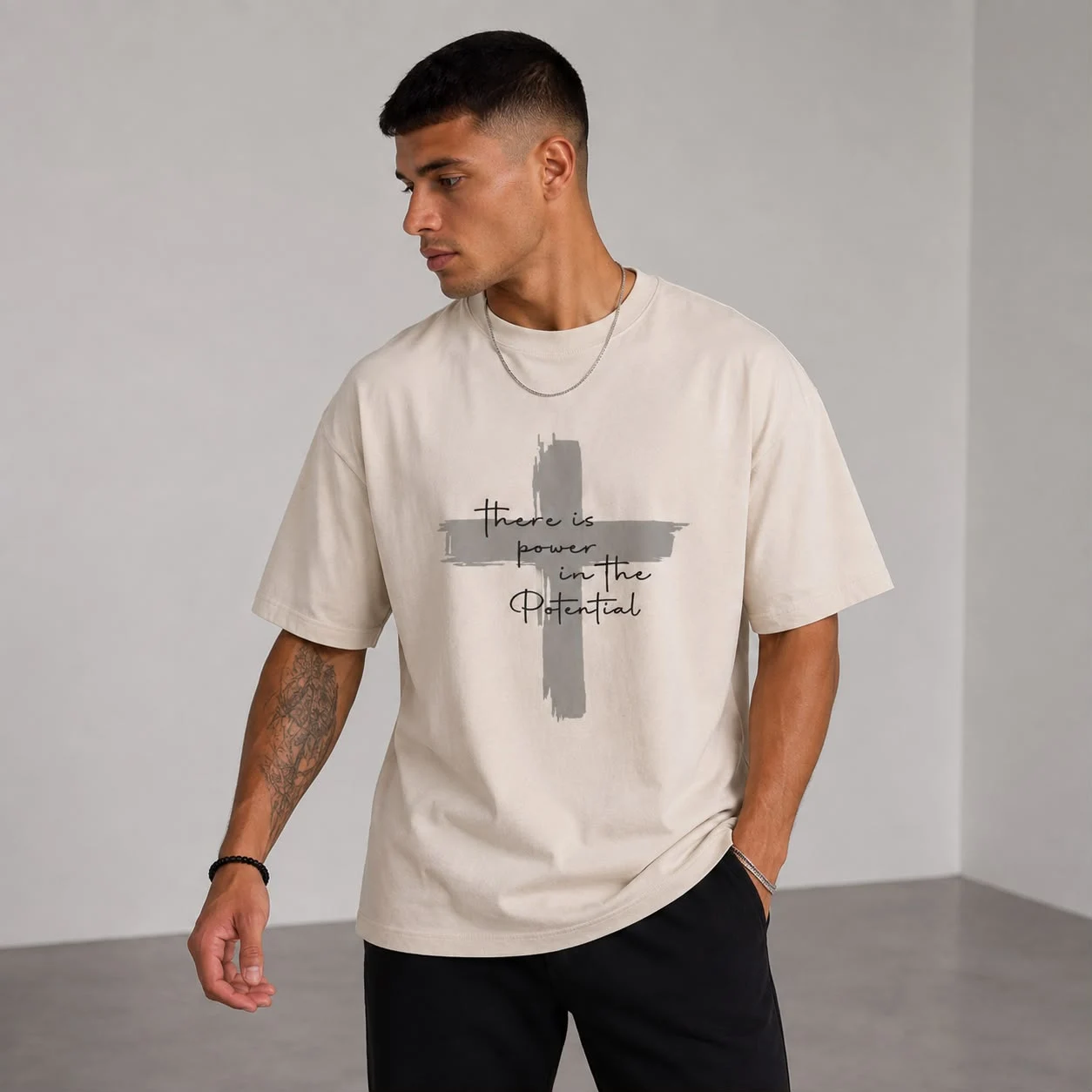 Bej Potential Baskılı Oversize Erkek T-Shirt