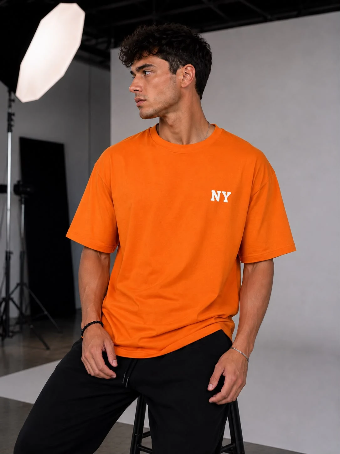 Turuncu Oversize NY Baskılı Erkek T-Shirt