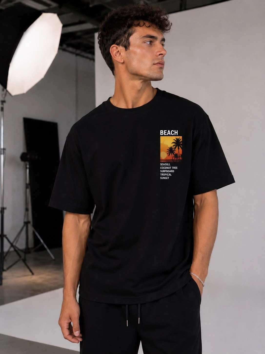 Siyah Beach Tropical Sunset Baskılı Oversize Erkek T-Shirt