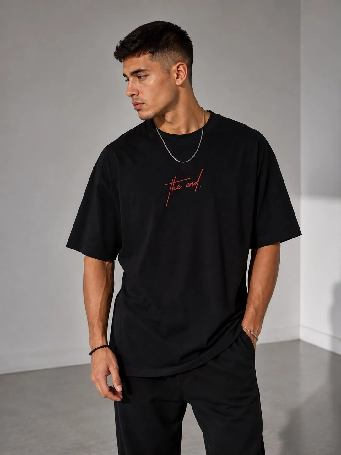 Siyah The End Minimal Baskılı Oversize Erkek T-Shirt