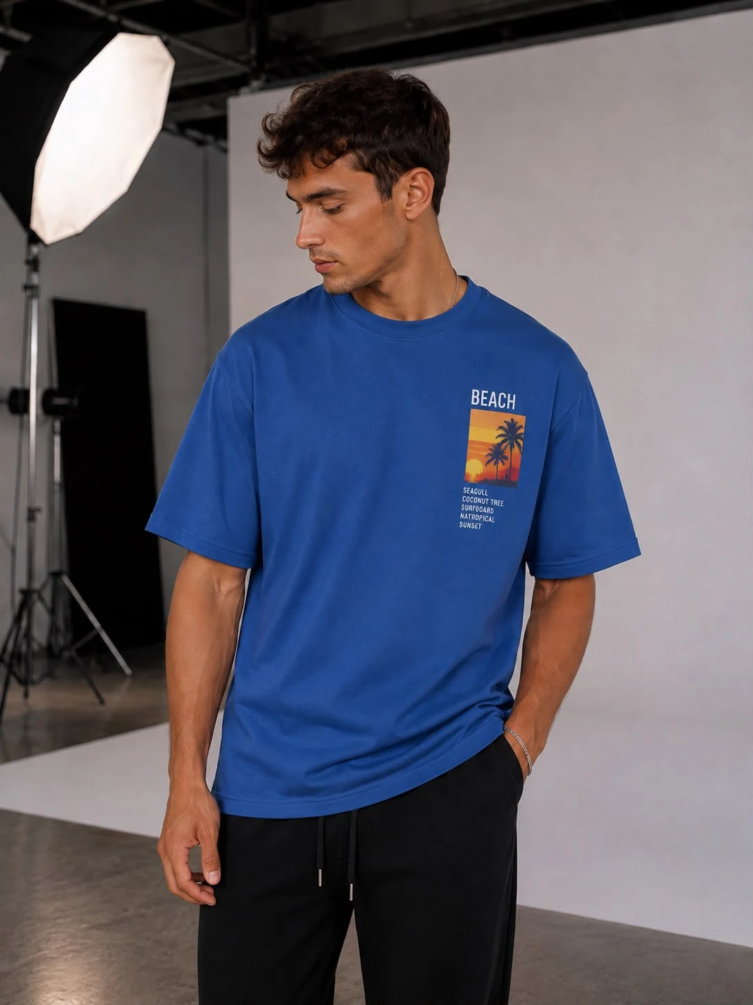 Mavi Beach Tropical Sunset Baskılı Oversize Erkek T-Shirt