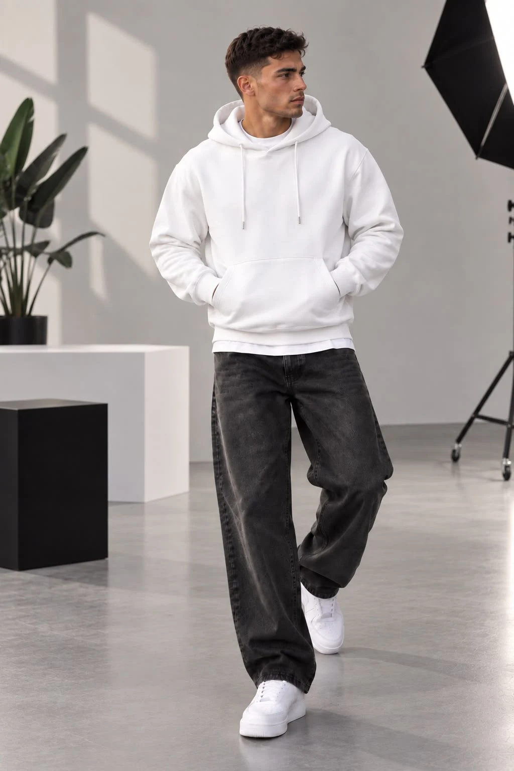 Beyaz 3 İplik Oversize Kapüşonlu Basic Erkek Sweatshirt