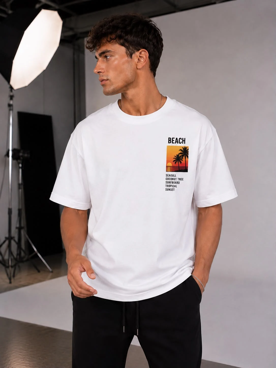 Beyaz Beach Tropical Sunset Baskılı Oversize Erkek T-Shirt
