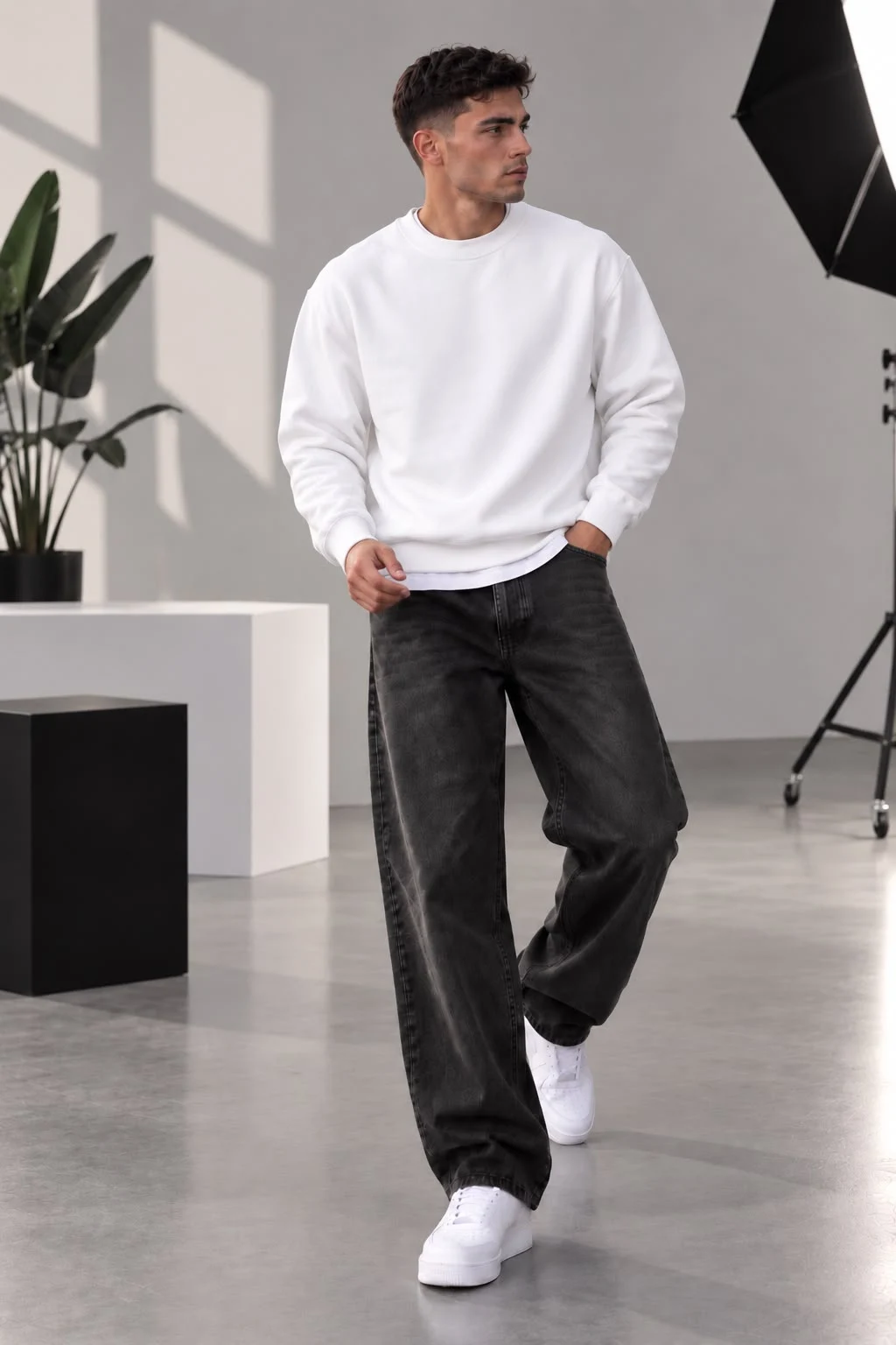 Beyaz 3 İplik  Bisiklet Yaka Basic Erkek Sweatshirt