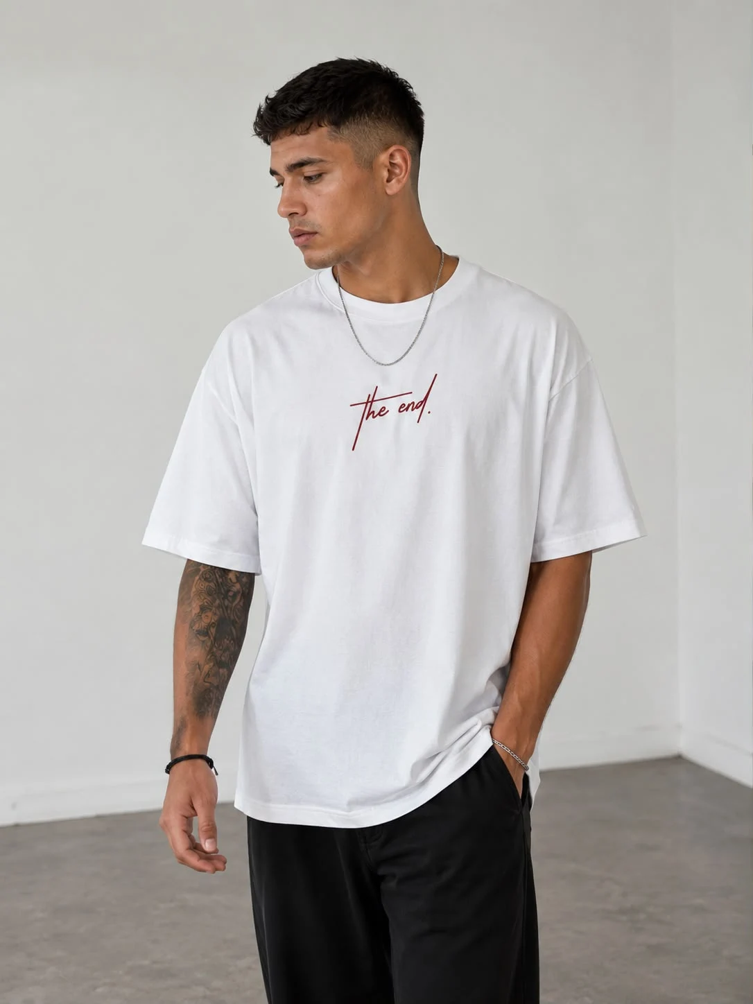 Beyaz The End Minimal Baskılı Oversize Erkek T-Shirt
