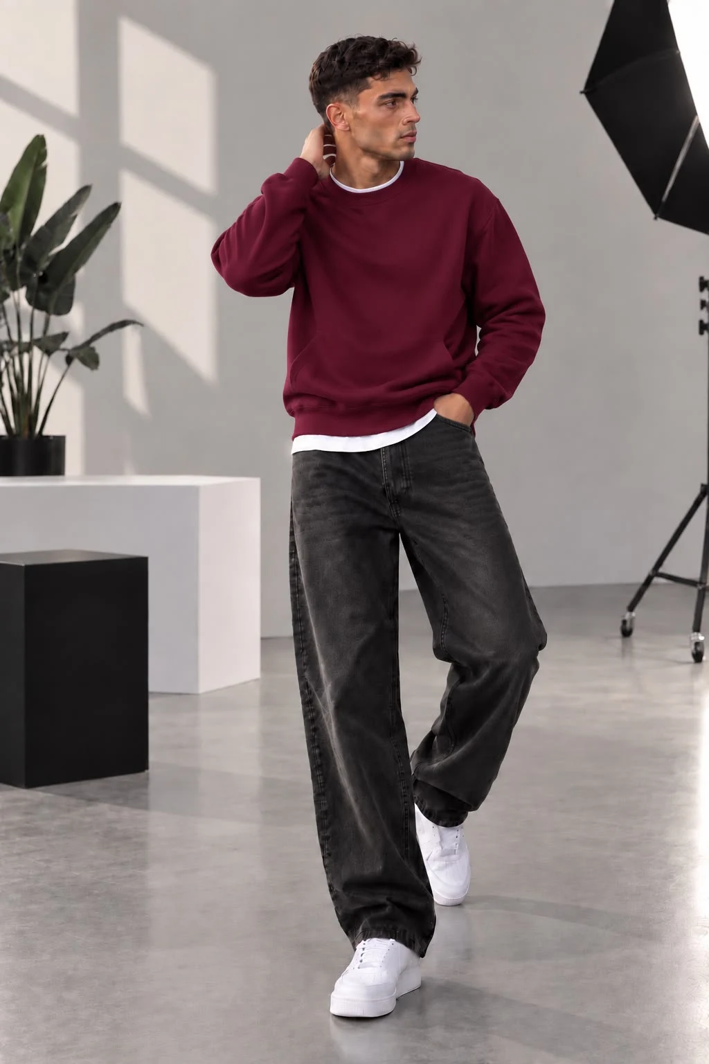Bordo 3 İplik  Bisiklet Yaka Basic Erkek Sweatshirt