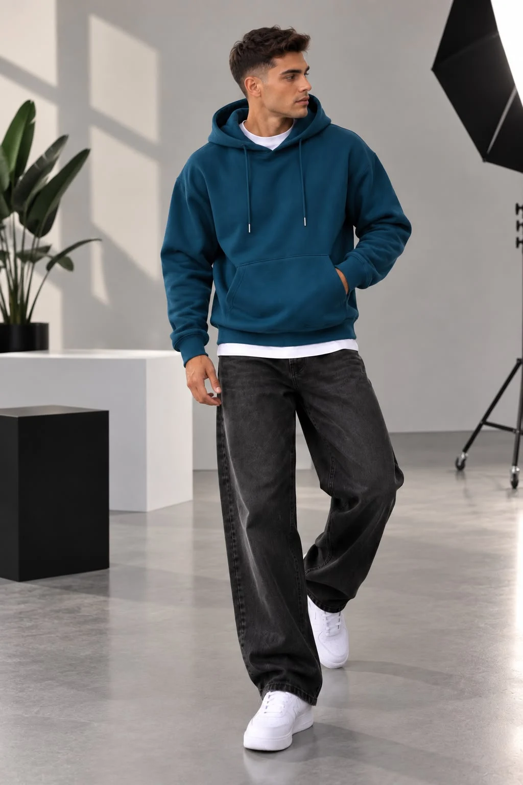 Petrolmavi 3 İplik Kapüşonlu Basic Erkek Sweatshirt