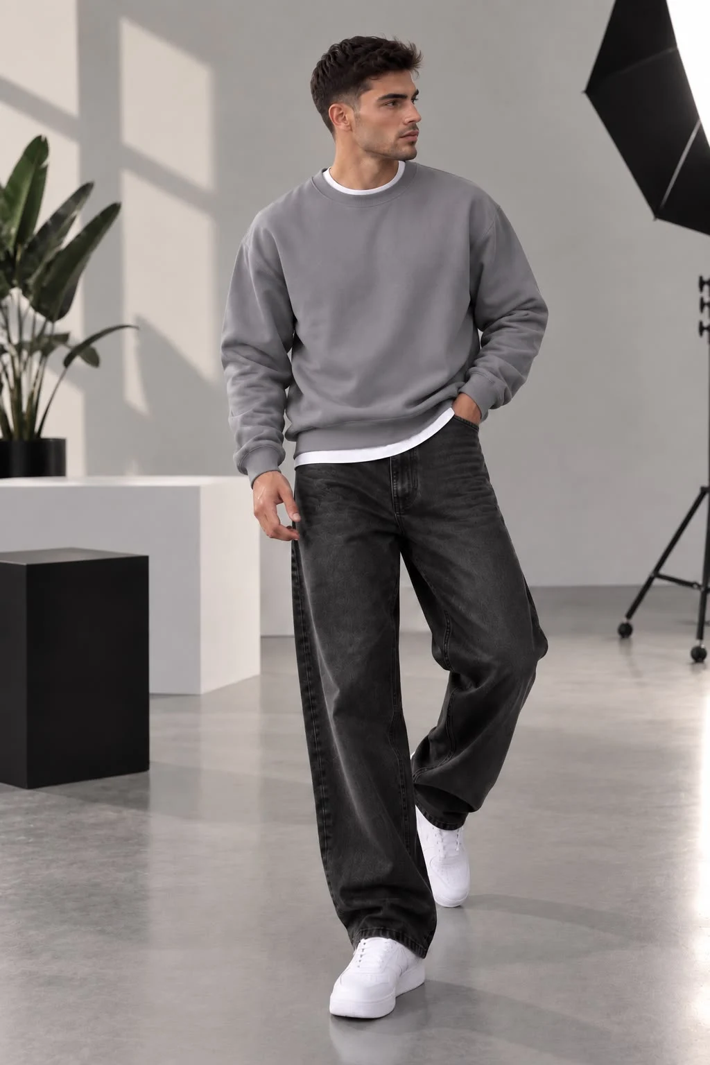 Duman Gri 3 İplik  Bisiklet Yaka Basic Erkek Sweatshirt