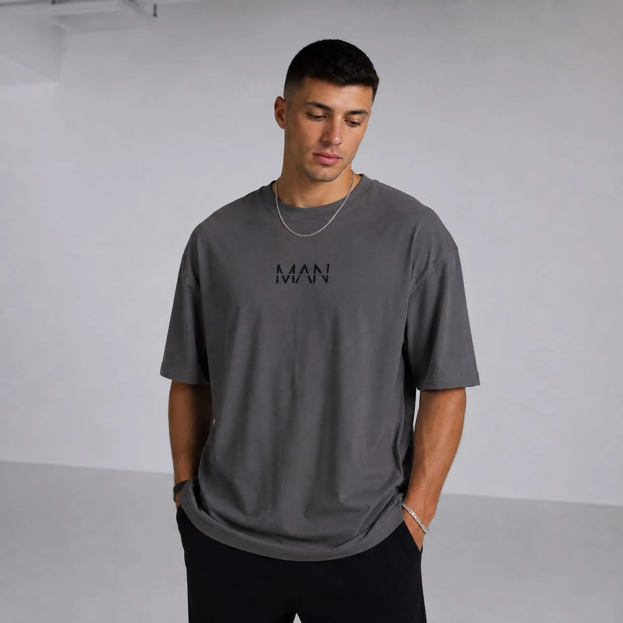 Gri Oversize MAN Baskılı Erkek T-Shirt