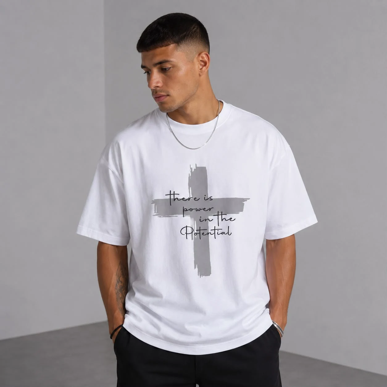 Beyaz Potential Baskılı Oversize Erkek T-Shirt