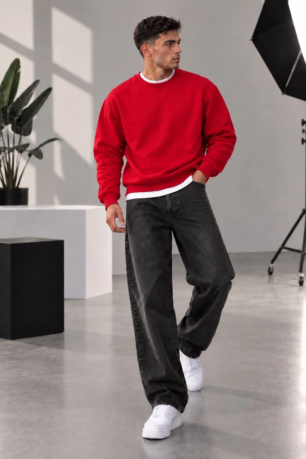 Kırmızı 3 İplik  Bisiklet Yaka Basic Erkek Sweatshirt