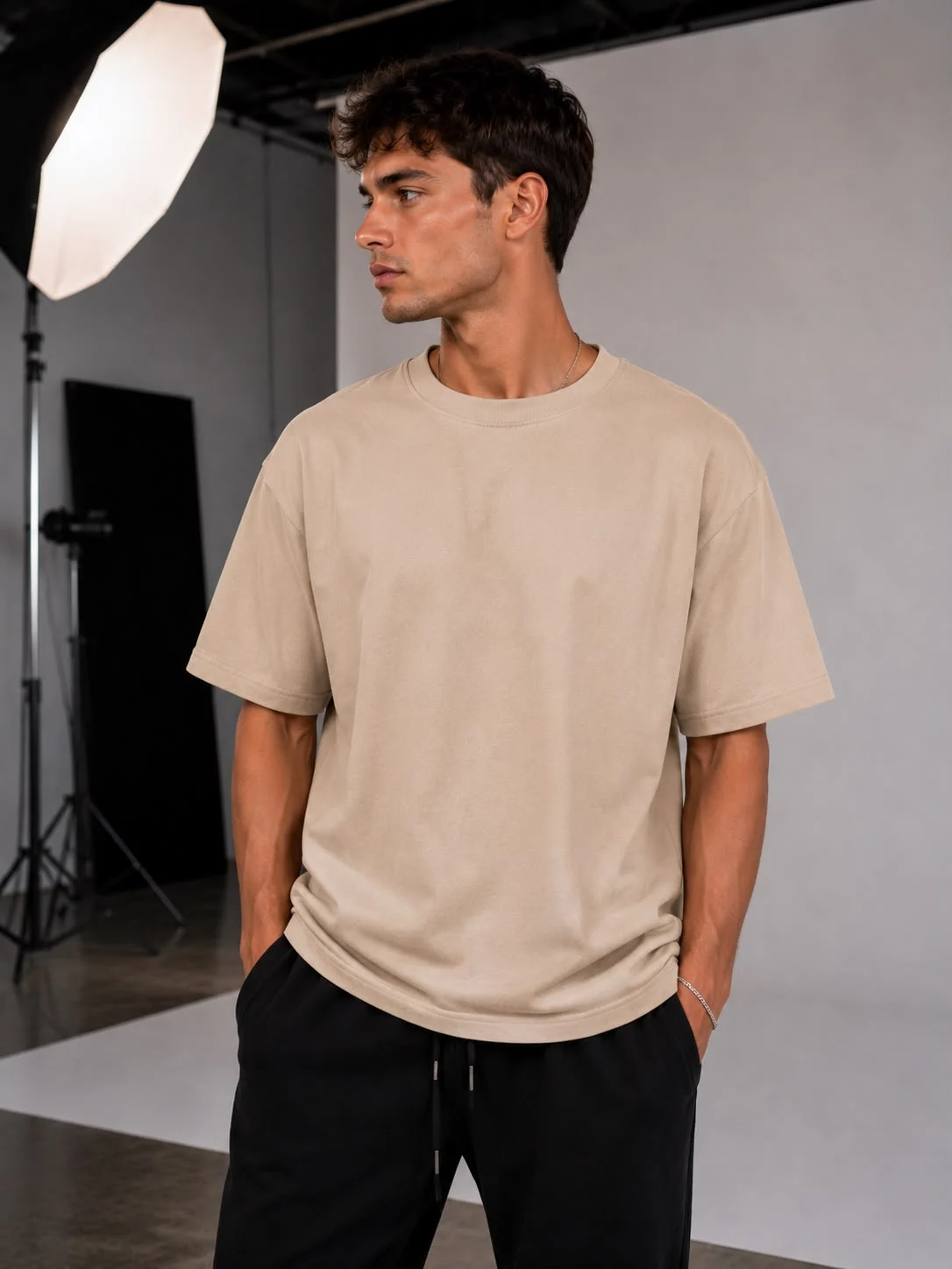 Bej Basic Oversize Erkek T-Shirt