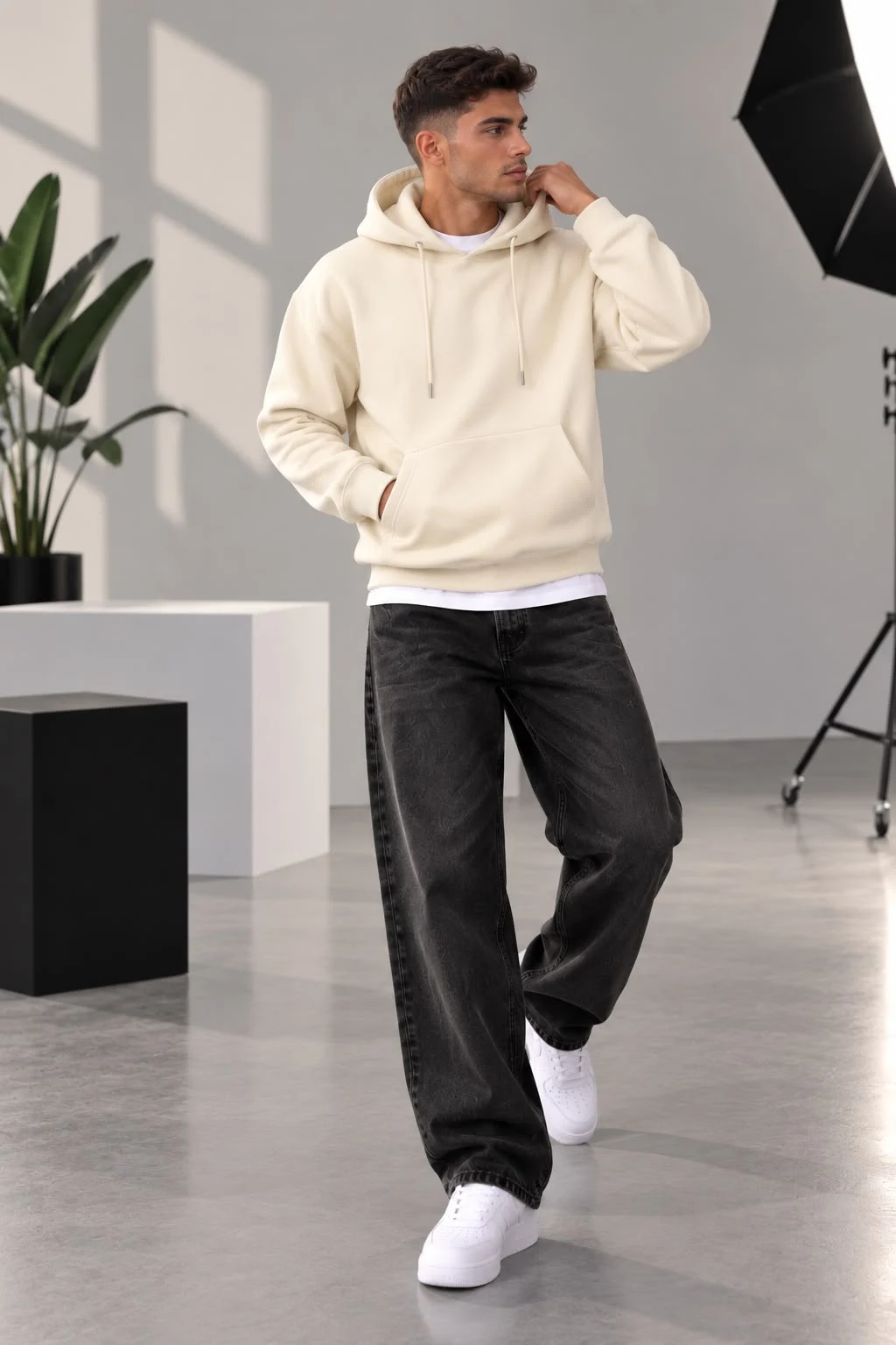 Bej 3 İplik  Kapüşonlu Basic Erkek Sweatshirt