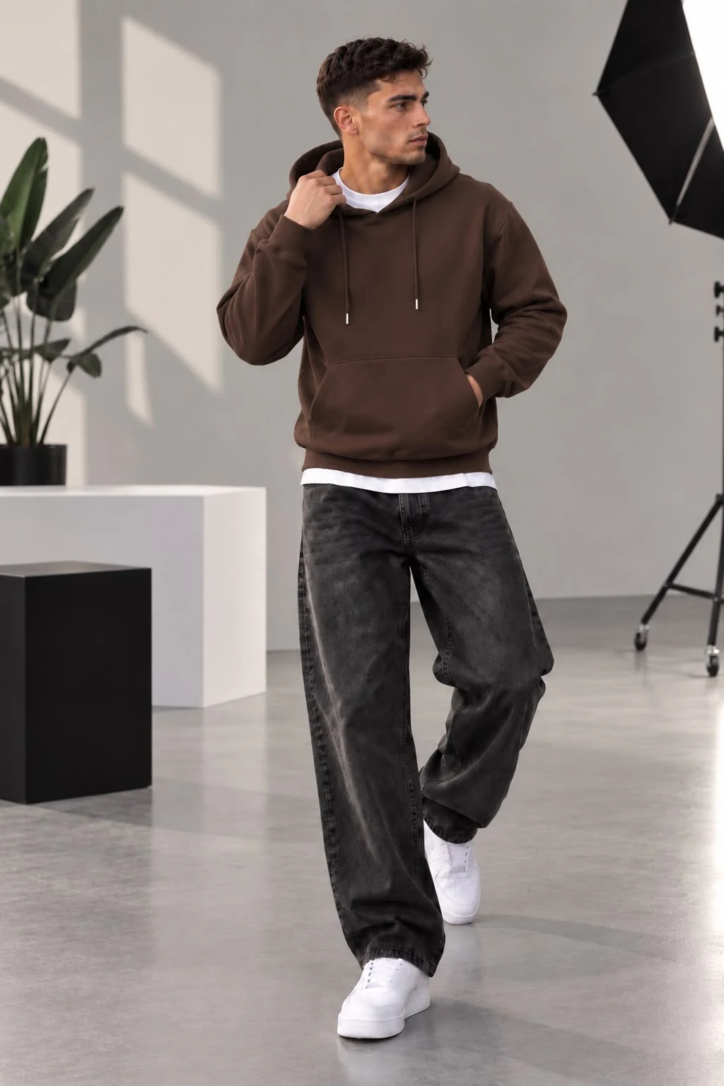 Kahverengi 3 İplik  Kapüşonlu Basic Erkek Sweatshirt