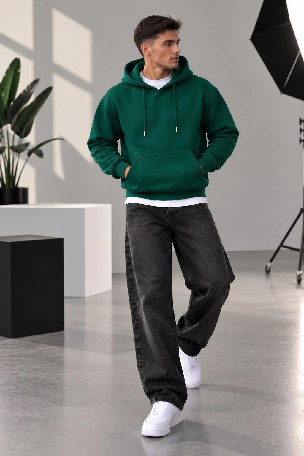 Yeşil 3 İplik Kapüşonlu Basic Erkek Sweatshirt