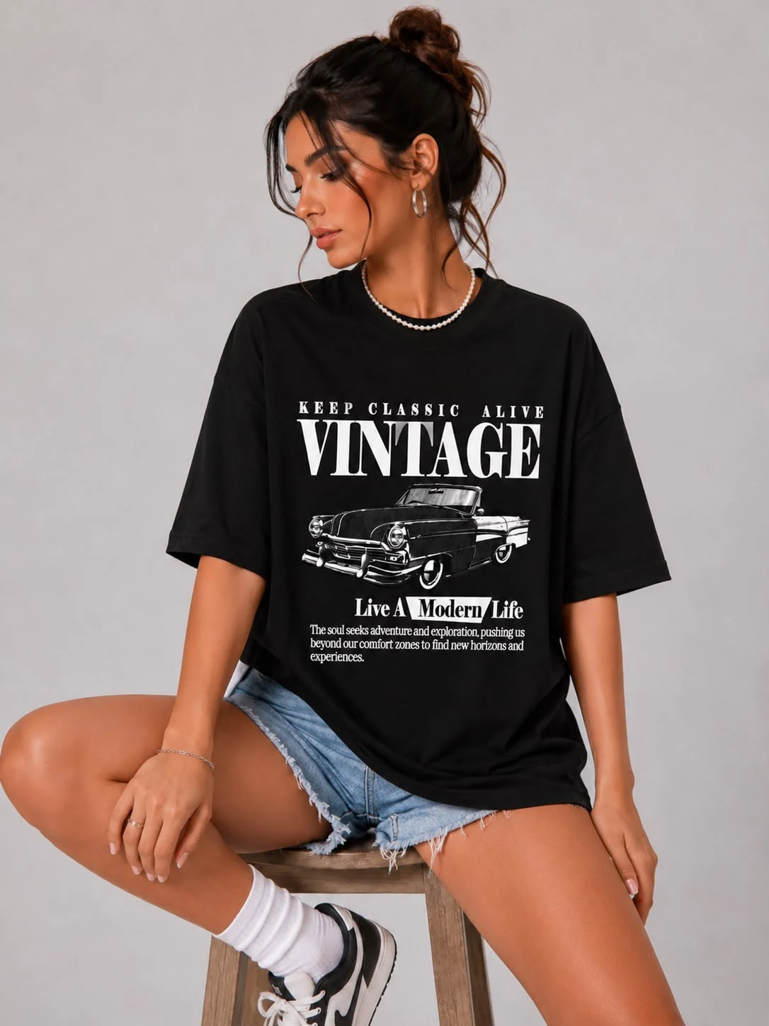 Siyah Vintage Araba Baskılı Oversize Kadın T-shirt