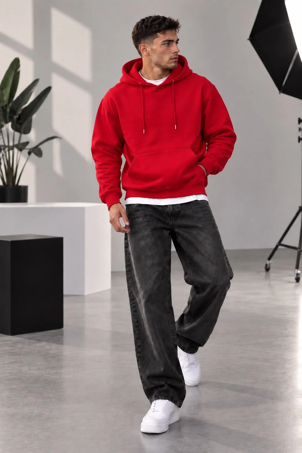 Kırmızı 3 İplik Kapüşonlu Basic Erkek Sweatshirt