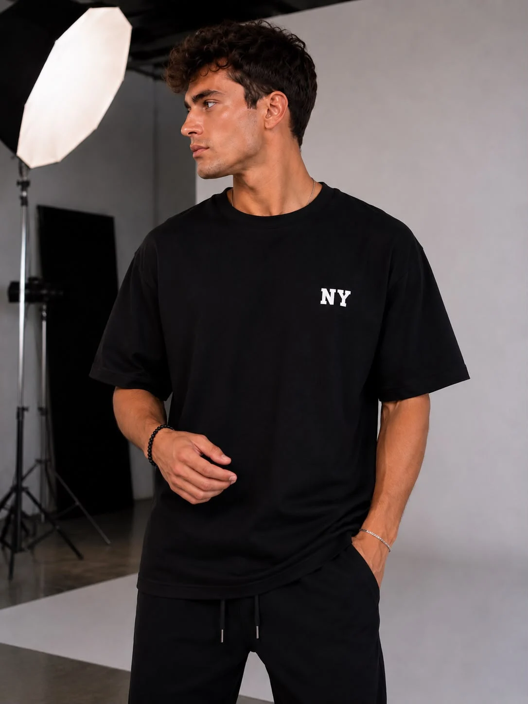 Siyah Oversize NY Baskılı Erkek T-Shirt