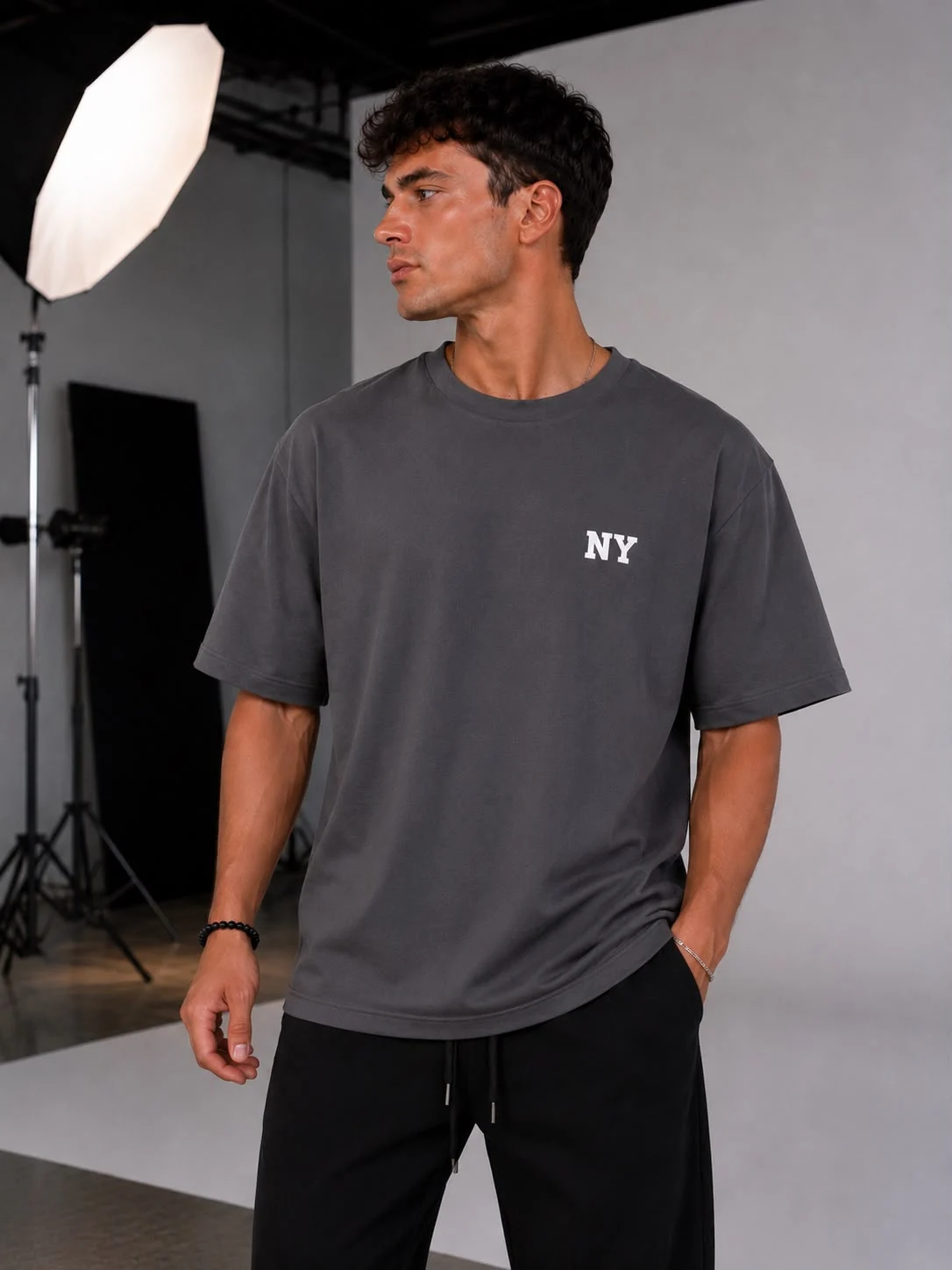 Gri Oversize NY Baskılı Erkek T-Shirt  