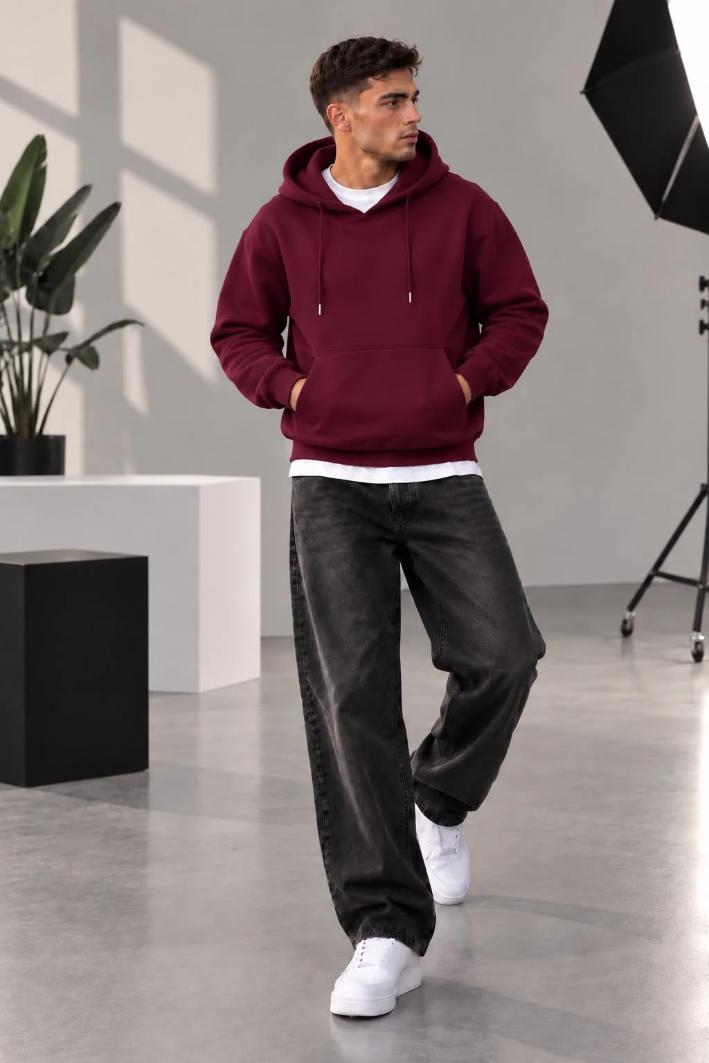 Bordo 3 İplik Oversize Kapüşonlu Basic Erkek Sweatshirt