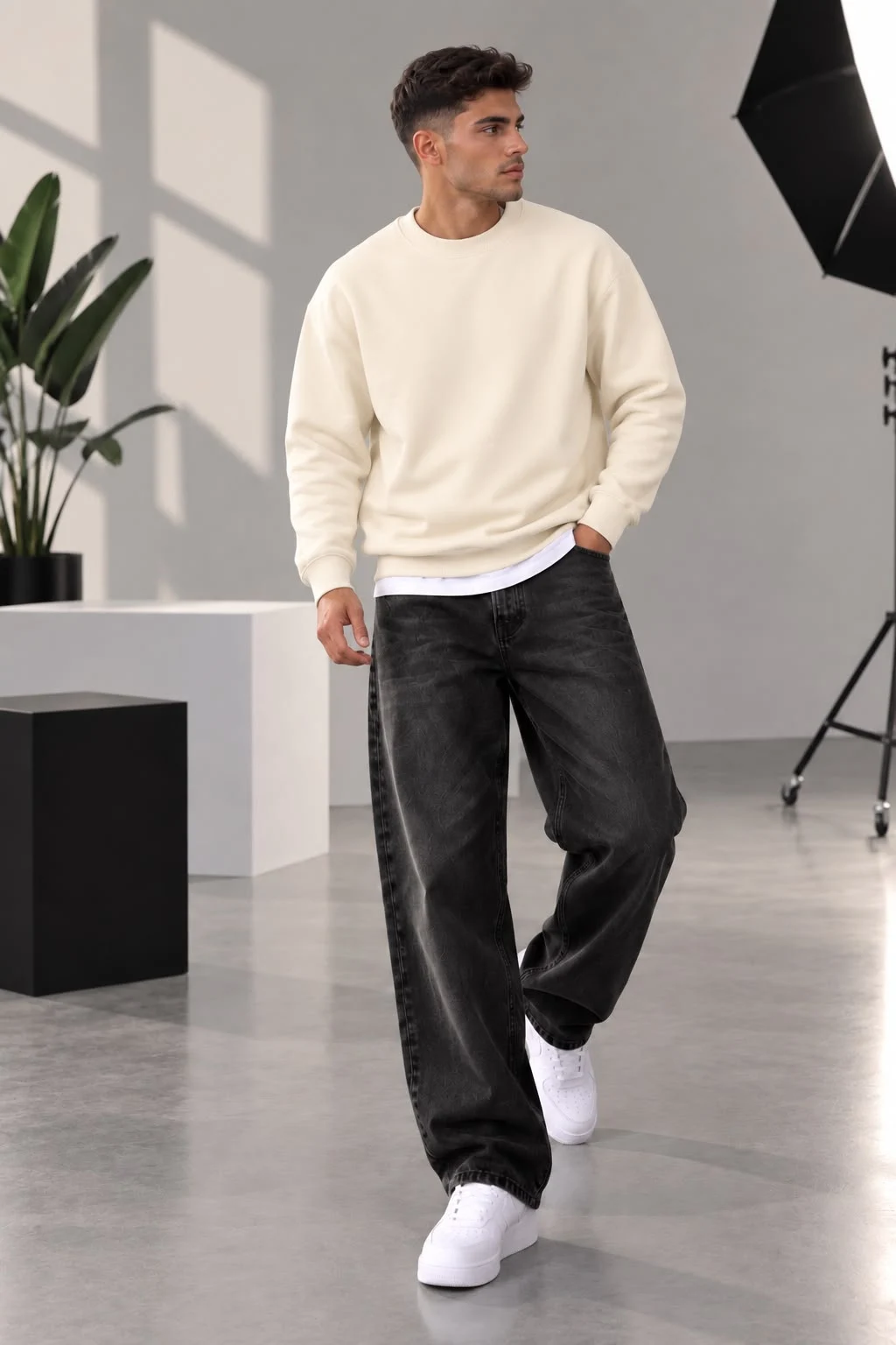 Bej 3 İplik  Bisiklet Yaka Basic Erkek Sweatshirt