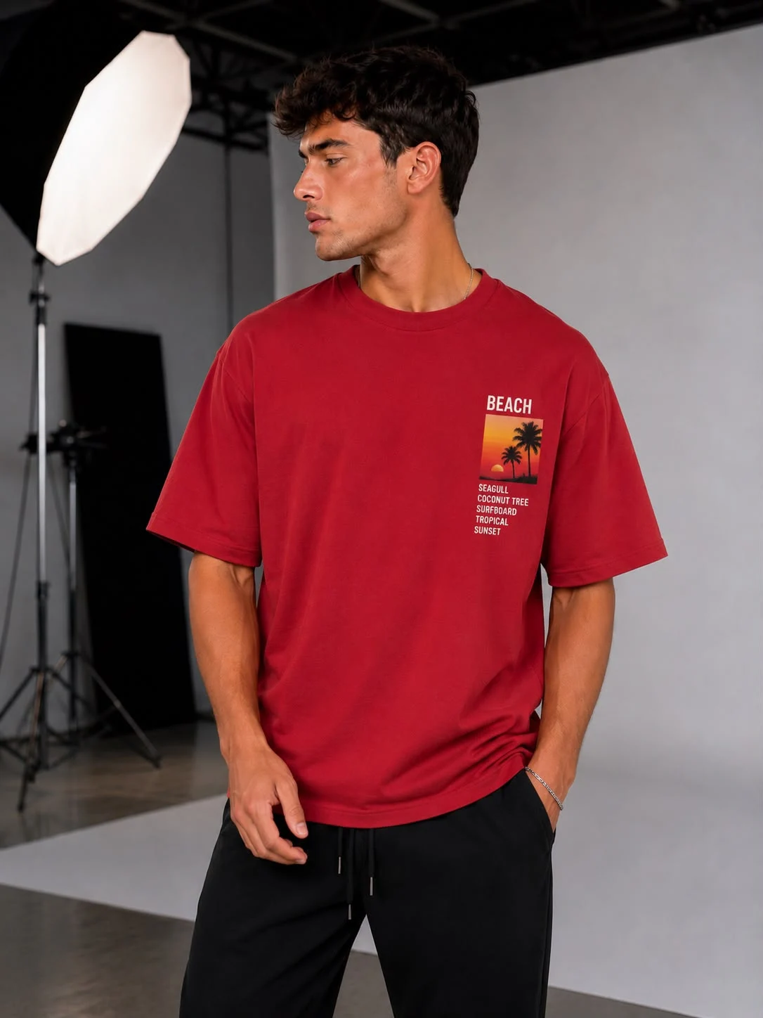 Kırmızı Beach Tropical Sunset Baskılı Oversize Erkek T-Shirt